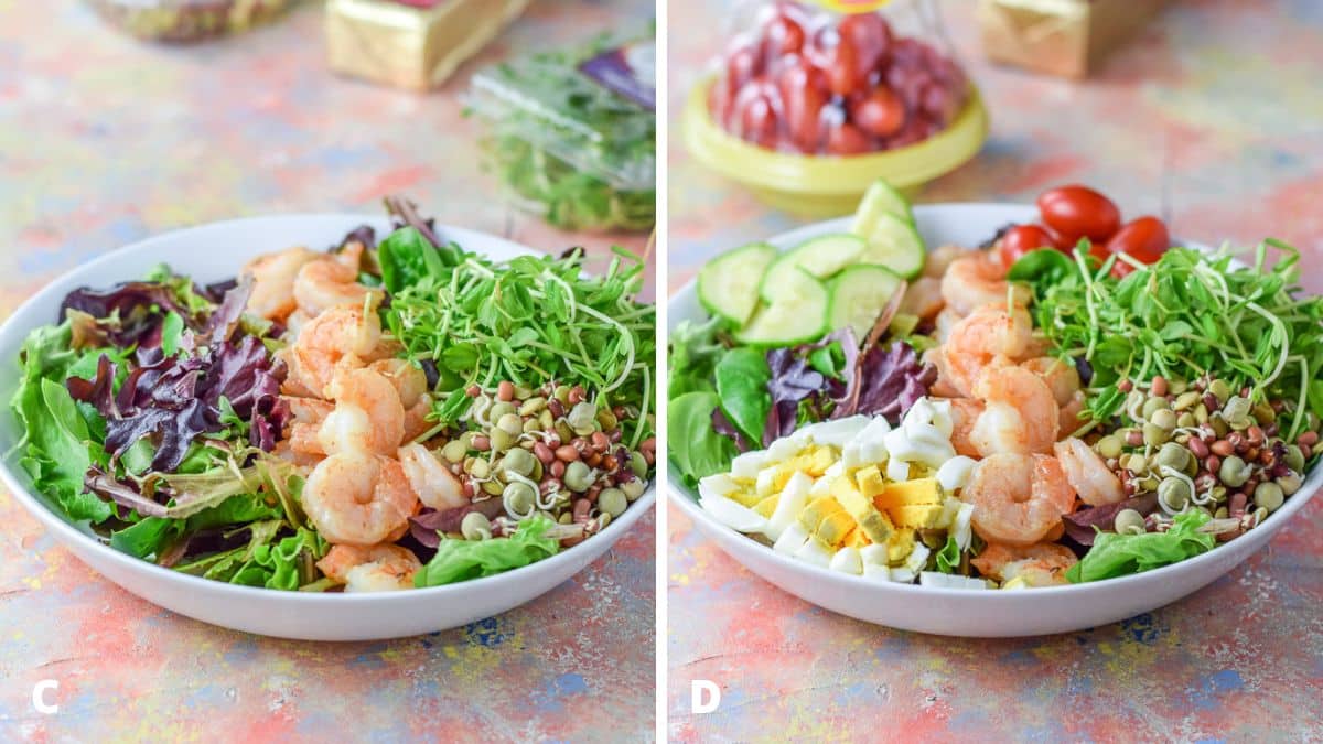 Two photos with the building of the salad. Left - added shrimp, micro greens, and sprouted beans. Right - hard boiled eggs, tomatoes, and cucumber added