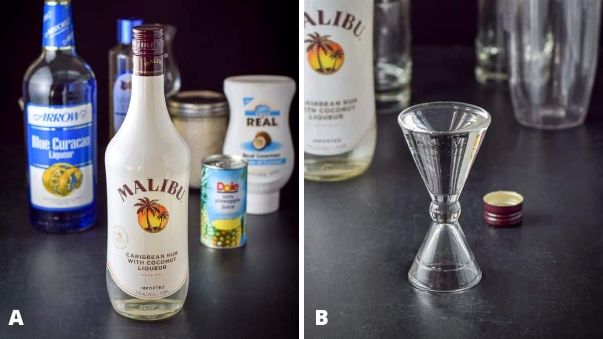 Left - Coconut rum, blue curacao, cream of coconut, pineapple juice and simple syrup. Right - coconut rum measured out