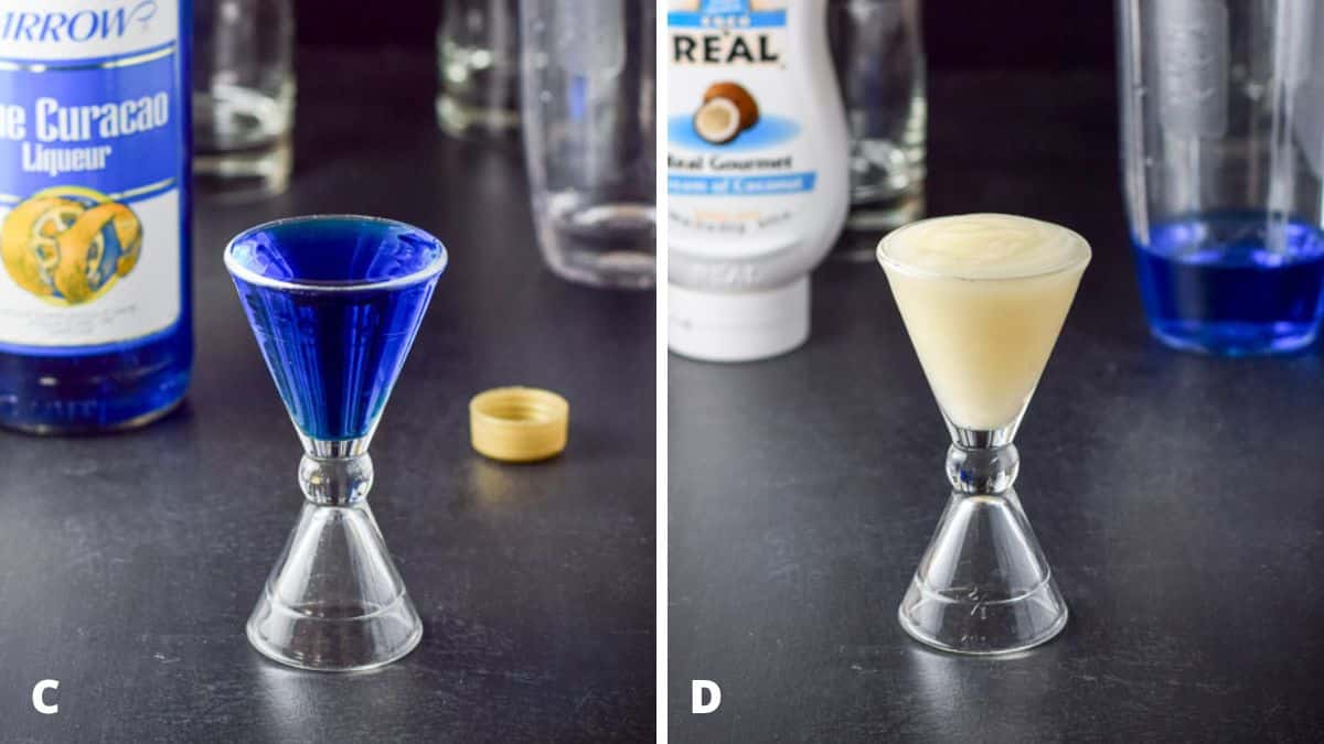 blue curacoa and creme de coconut measured out