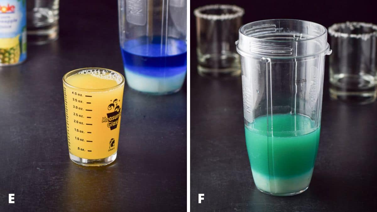pineapple juice measured out and a blender container with all the ingredients in it with glassware in the back