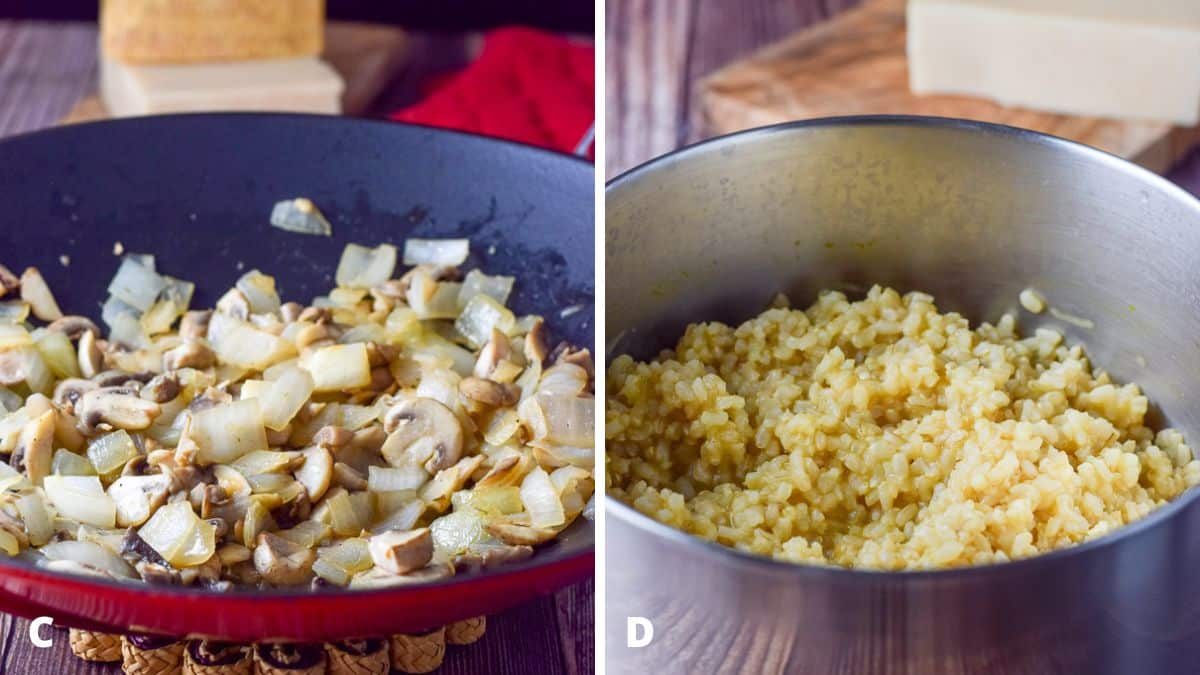 Left - Sautéed mushrooms and onion in a wok with cheese. Right - Rice cooked in chicken broth in a saucepan
