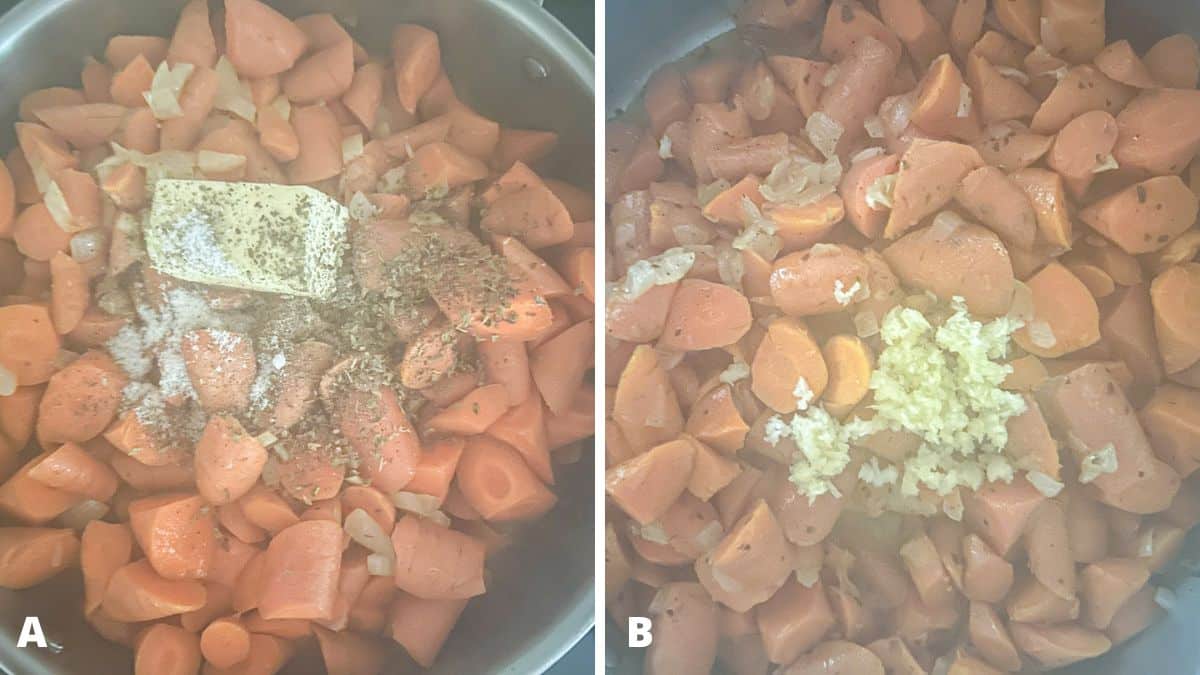 Left - butter, salt, and herbs in a pan. Right - garlic on the carrot mixture