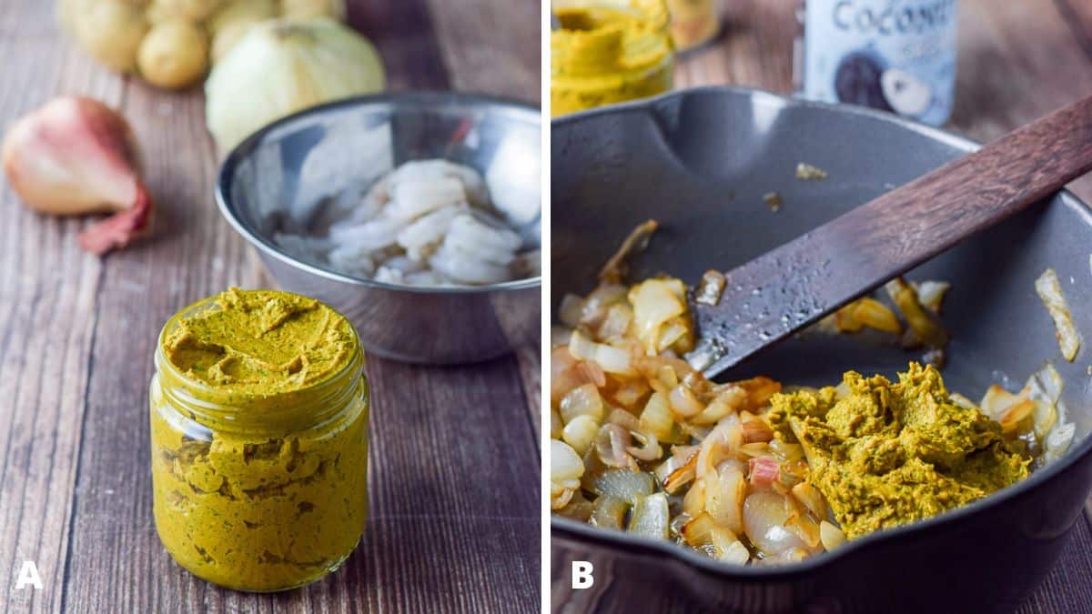 Left - Yellow curry paste, shrimp, a shallot, onion and baby potatoes on a wooden table. Right - Onions and curry in a pan with coconut milk in the background