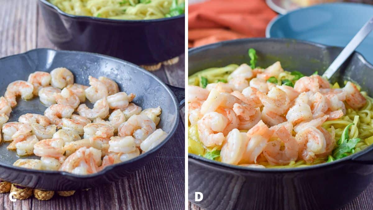 Left - Shrimp sautéed with ghee and pepper with noodles in a pan in the background. Right - Shrimp piled on the noodles in a pan with a plate, roll and salad in the background