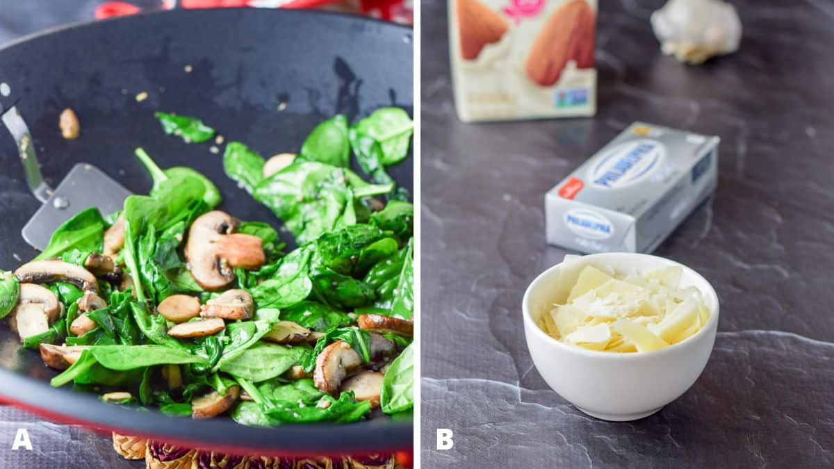 Left - Spinach and mushroom sautéed in a wok. Right - Slivered parmesan cheese in a bowl, cream cheese, garlic and almond milk