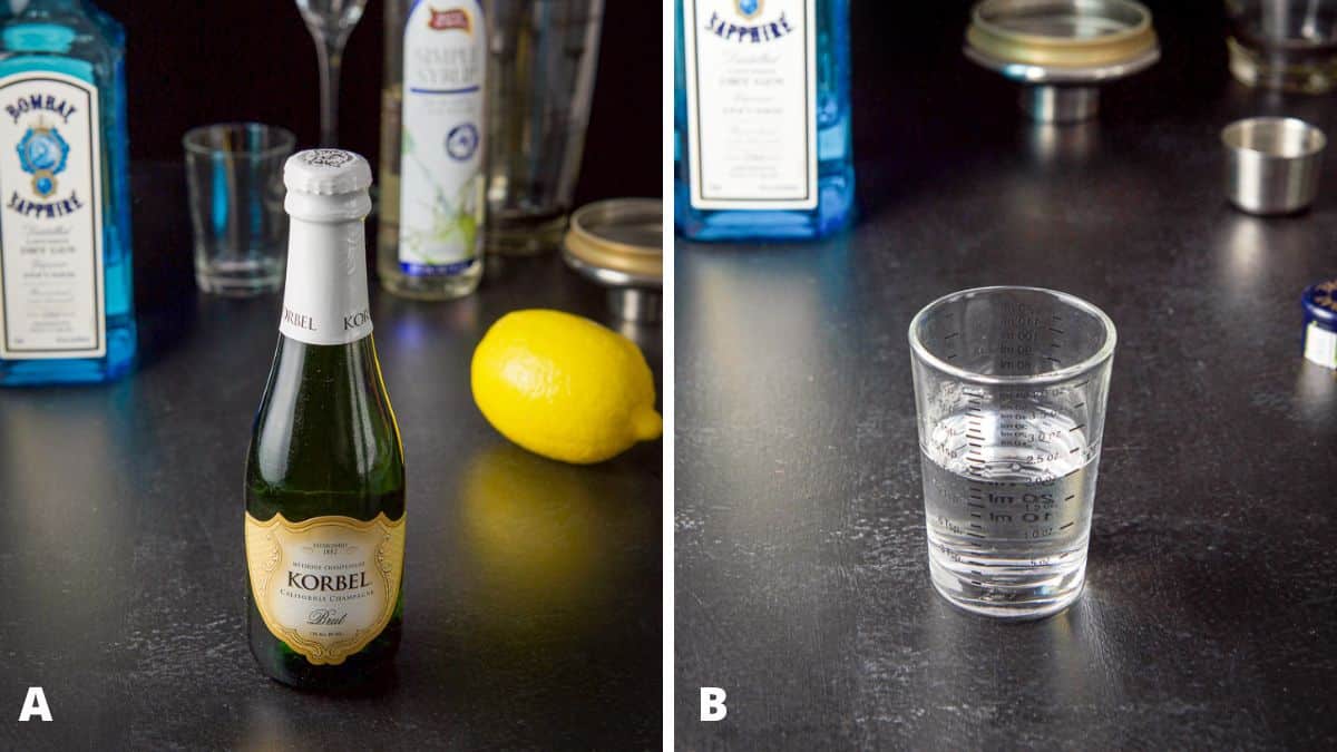 Left - Champagne, gin, simple syrup and lemon on a black board with the shaker and glassware. Right. - gin measured out