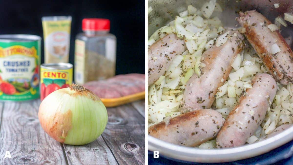 Left - Onion, crushed tomatoes, tomato paste, garlic paste, oregano and basil on a grey table. Right - Sausages, onions and herbs sautéed in the instant pot container