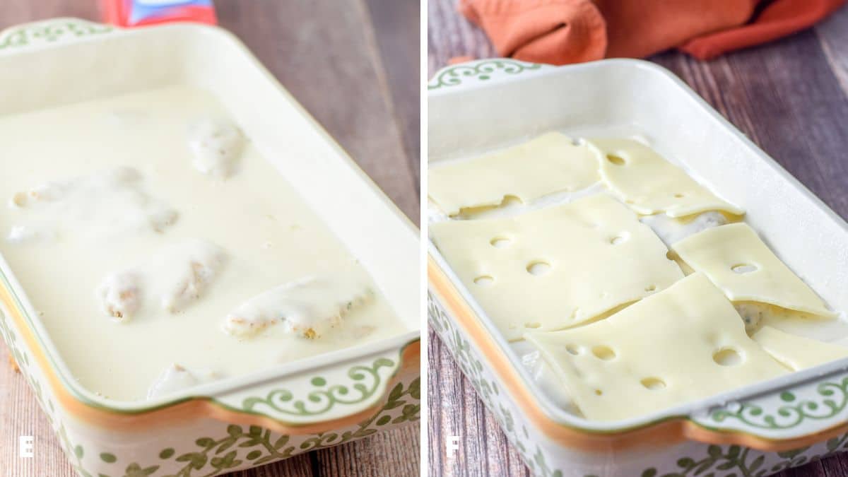 Sauce poured on the chicken in the baking dish and then swiss cheese laid on top of the chicken