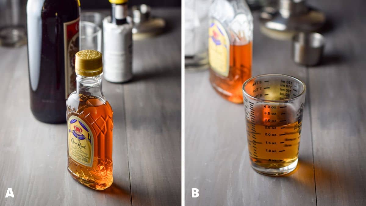 Left - whiskey, sweet vermouth, and bitters on a table. Right - whiskey measured out