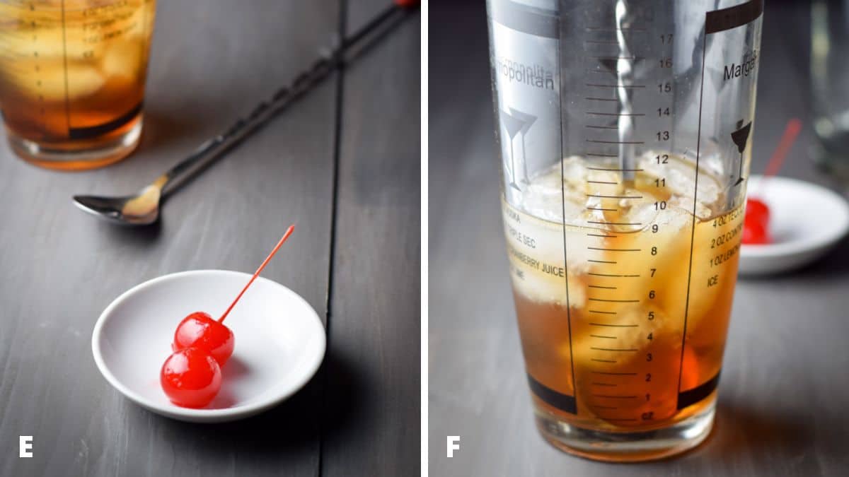 Left - cherries in a small white dish. Right - a cocktail shaker with the drink in it