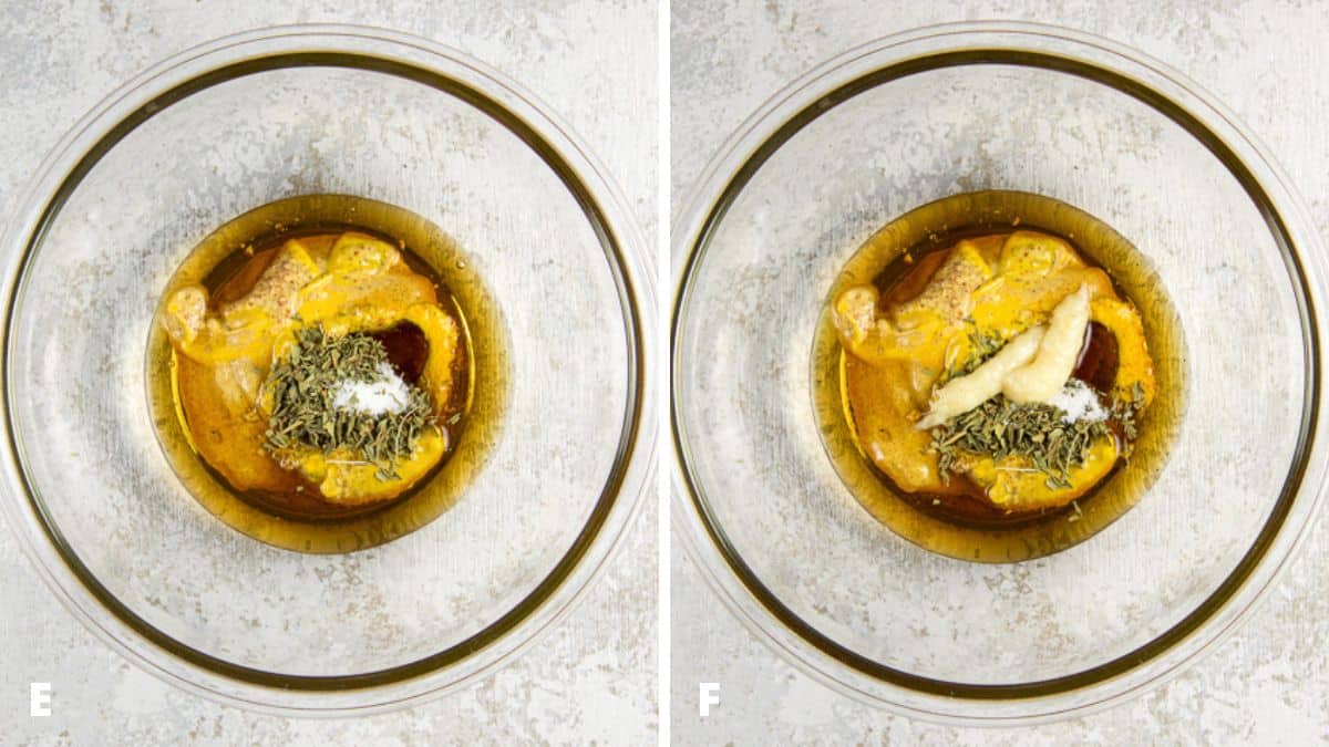 A glass bowl with the mustards, maple syrup, herbs and garlic paste in it