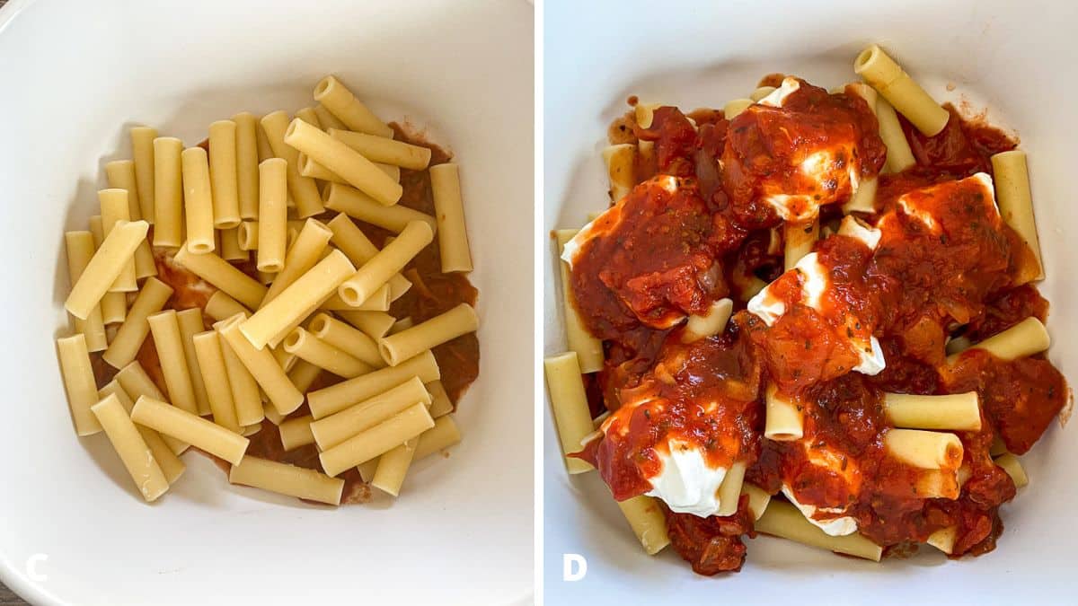 Left - ziti on top of the gravy. Right - Sour cream dolloped on the ziti. Right - red sauce spooned over the sour cream