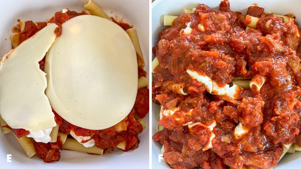 Left - gravy on the sour cream and cheese on top. Right - more layers of ziti, sour cream and gravy on top