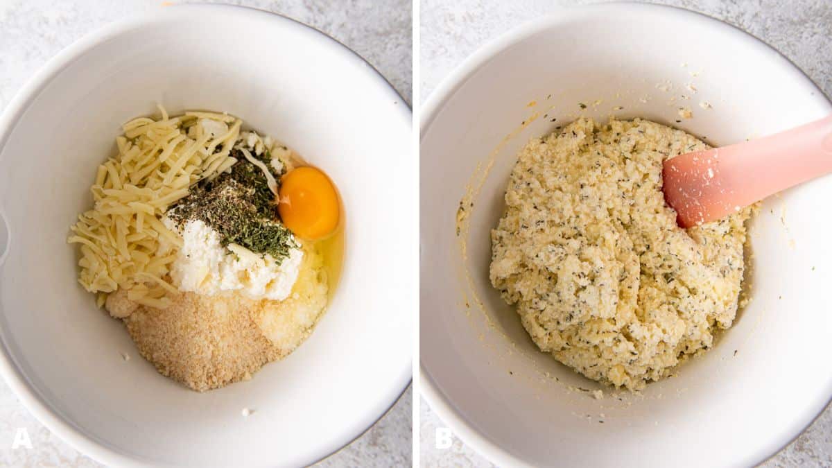 Ricotta filling ingredients in a bowl and then mixed together