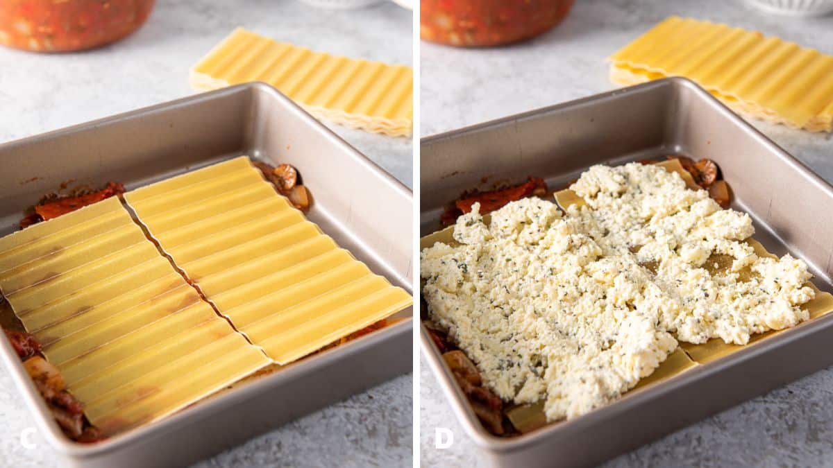 Left - pan with sauce and the noodles. Right - ricotta filling on the noodles
