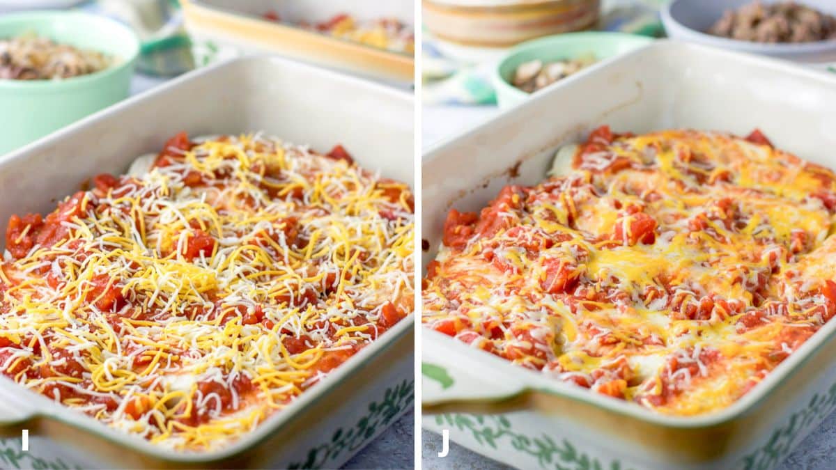 Cheese added to the pan of enchiladas and then melted in the oven