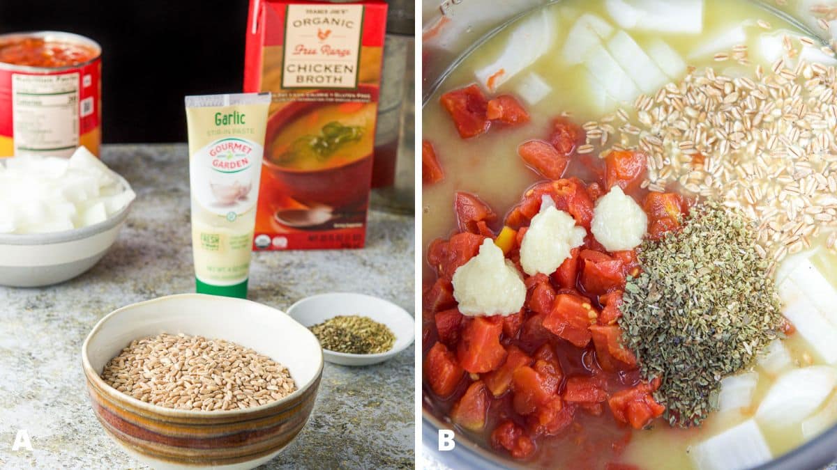 Left - arro, herbs, garlic, onion, tomatoes and broth and the instant pot insert on a table. Right - All the ingredients in the instant pot for the soup - you can see garlic, farro and diced tomatoes