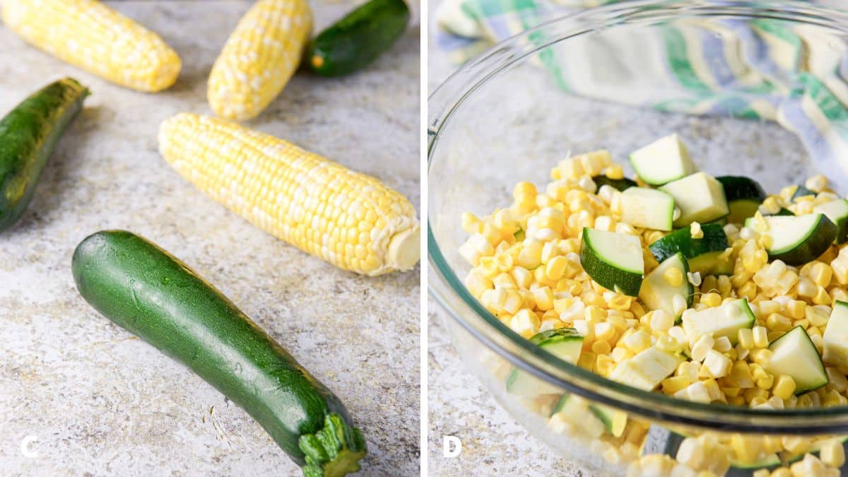 Left - Zucchini and corn on a table for the soup. Right - cut corn and zucchini in a bowl