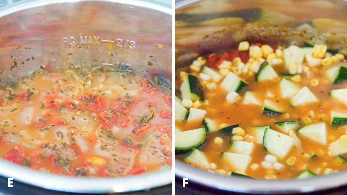 The soup cooked in the instant pot and the zucchini and corn added