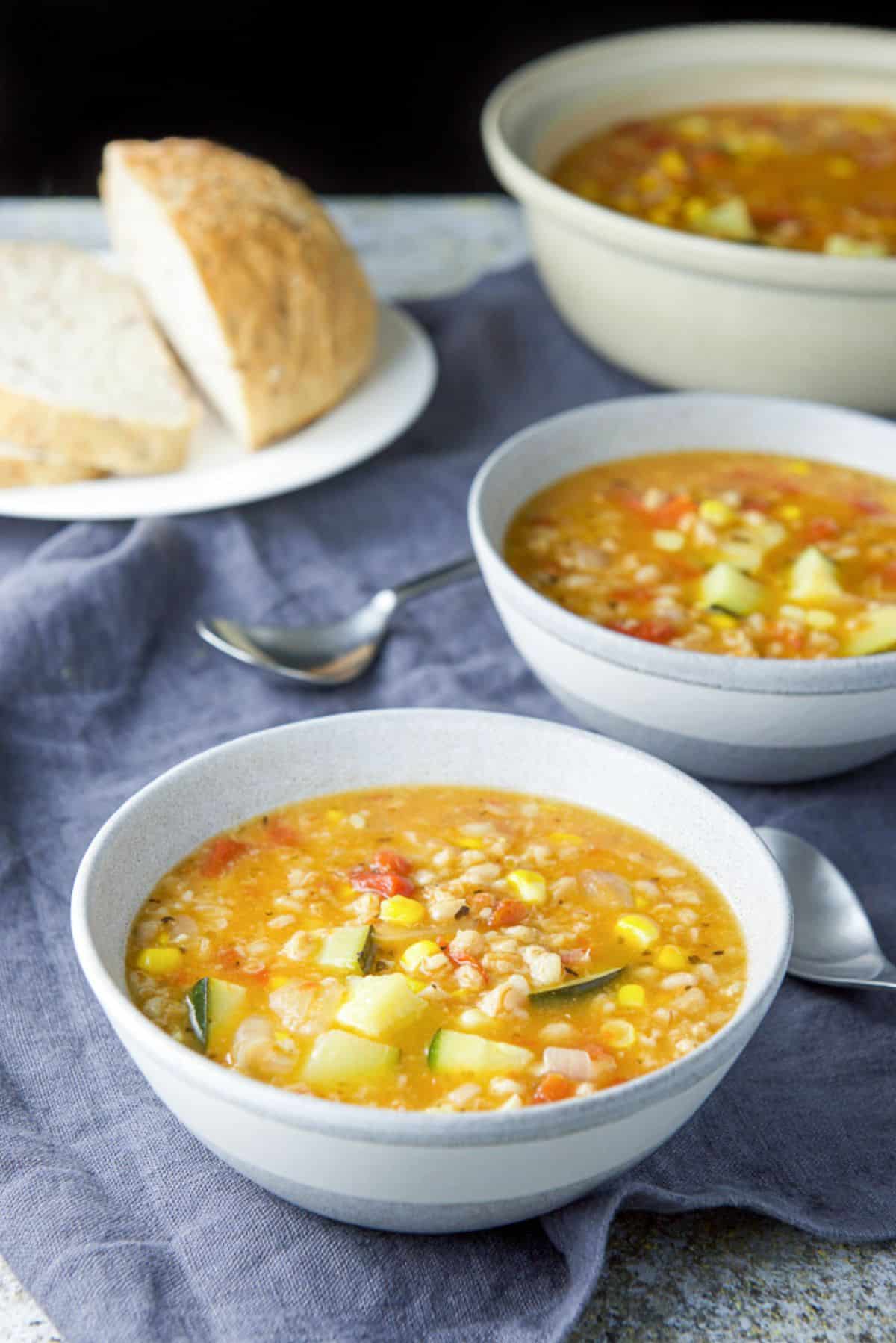Closer view of the two grey bowls of soup with bread and a big serving bowl in the background
