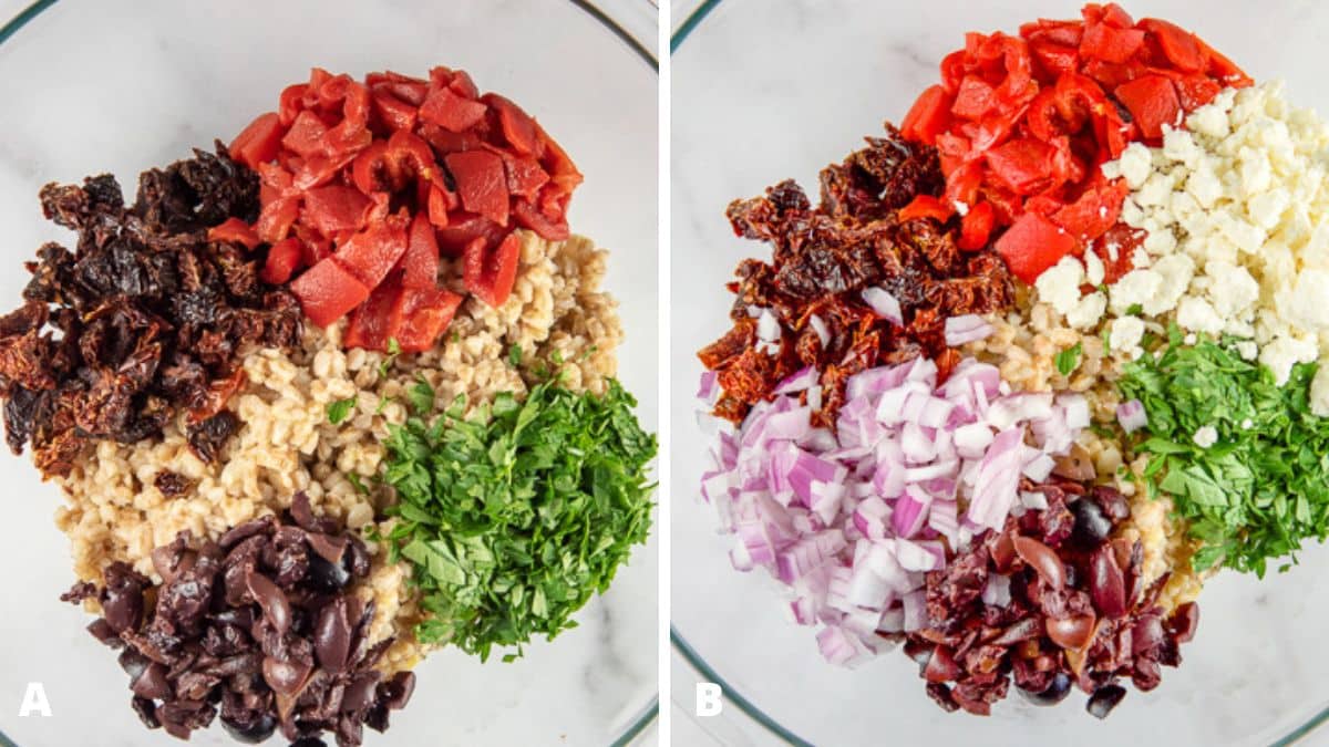 Left - farro with sun-dried tomatoes, roasted pepper, parsley, and olives in a bowl. Right - added feta cheese and red onion added to the bowl