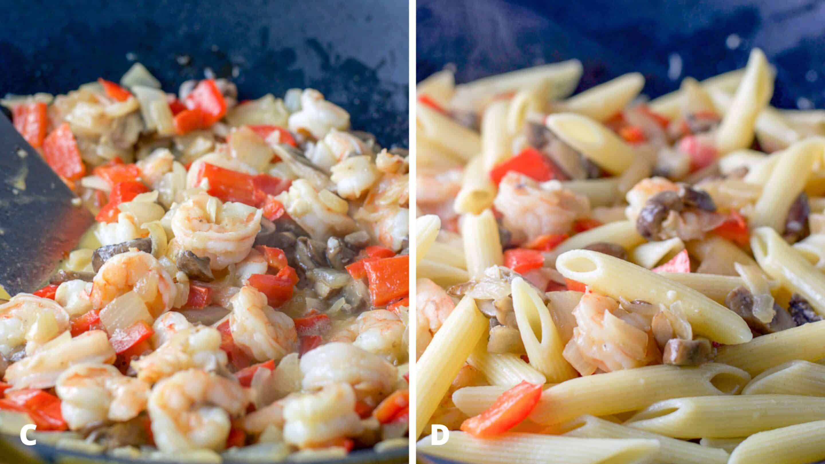 Left - shrimp cooked with the vegetables in a wok. Right - penne added to the shrimp and veggies