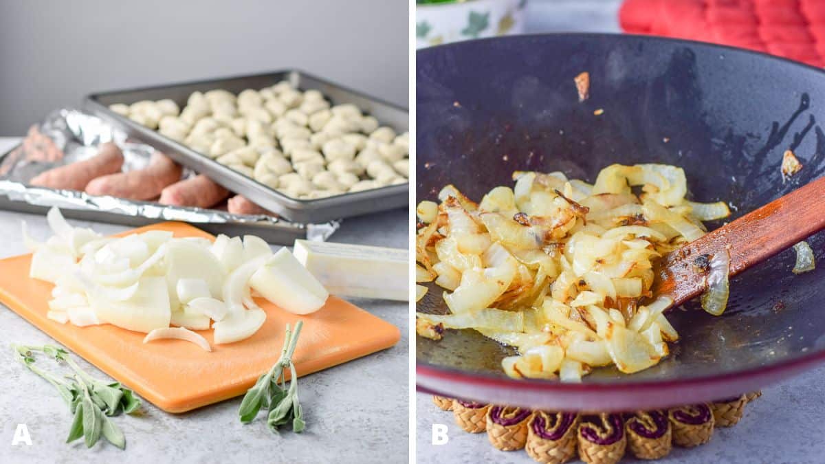 Left - Sliced onion, butter, sage, sausages and gnocchi on a table. Right - Onion sautéed in a wok with a red oven mitt