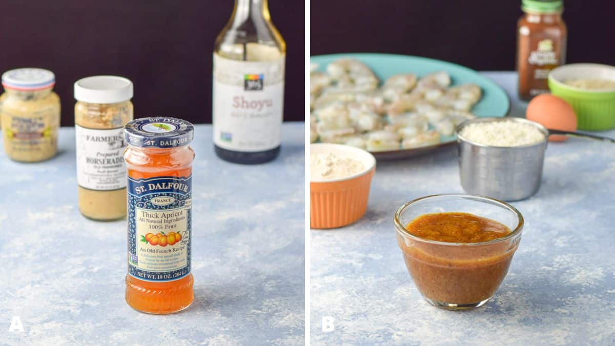 Left - apricot jam, horseradish, Mustard, and soy sauce. Right - The sauce made with the rest of the ingredients on a table