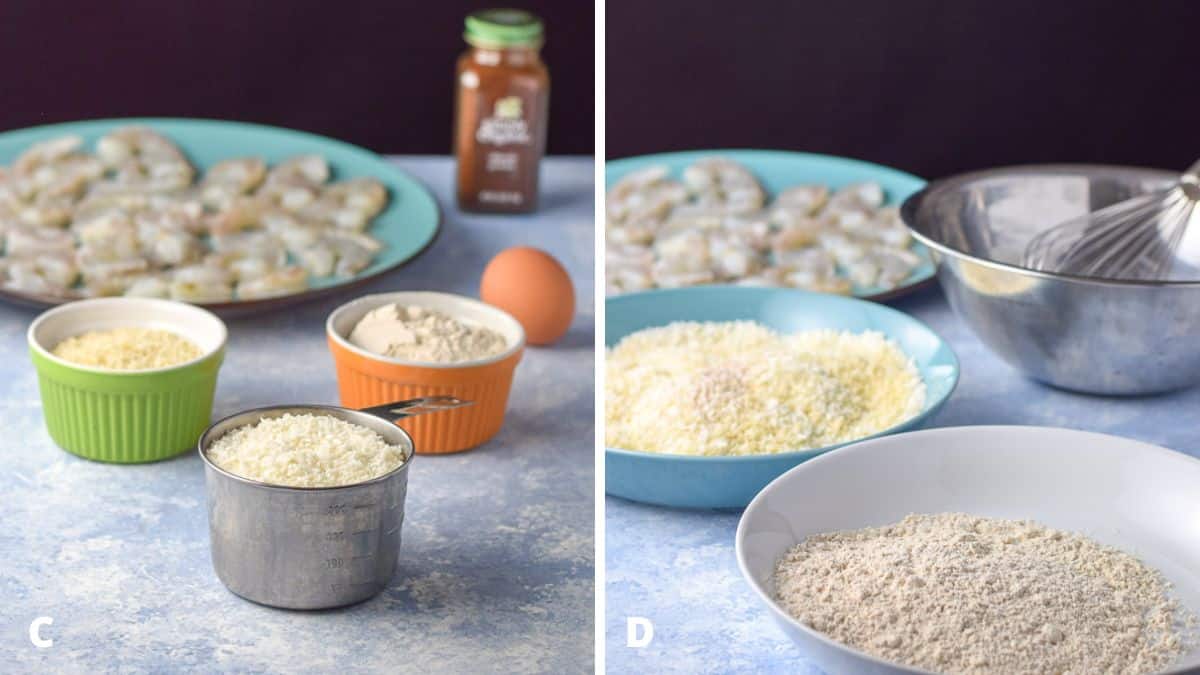 Left - panko, bread crumbs, coconut, egg and flour. Right - the flour in one bowl, and bread crumbs in another with raw shrimp in the background