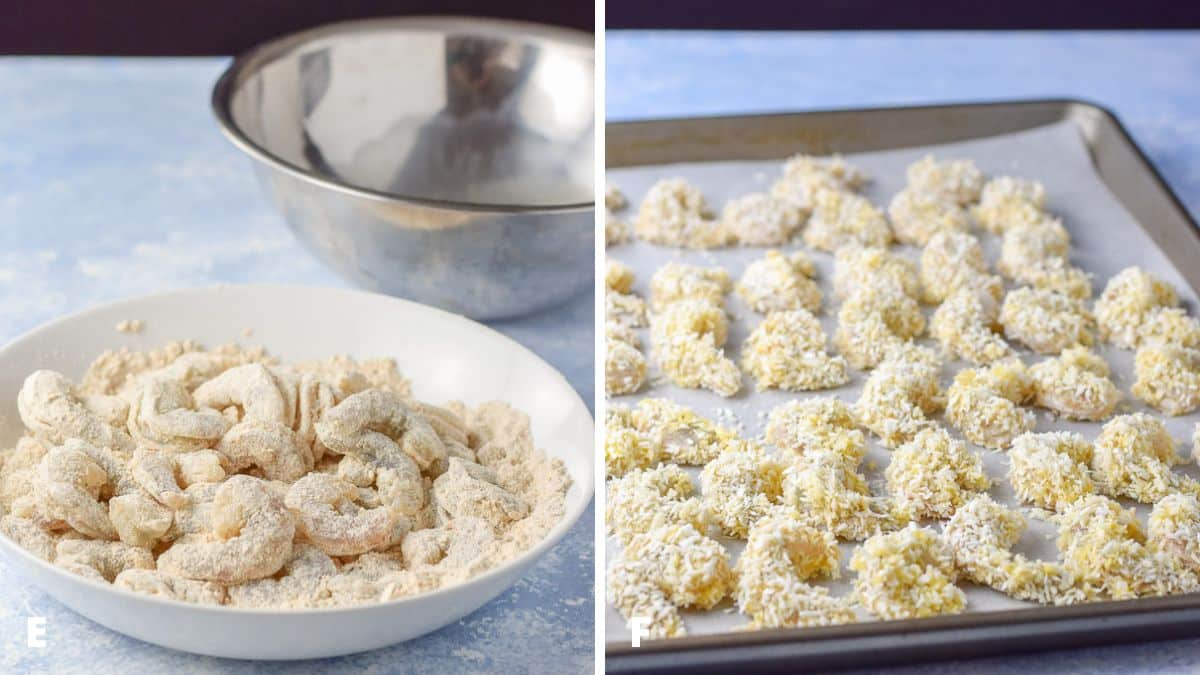 Left - shrimp in the bowl of bread crumbs. Right - coconut-dipped shrimp on a jelly roll pan