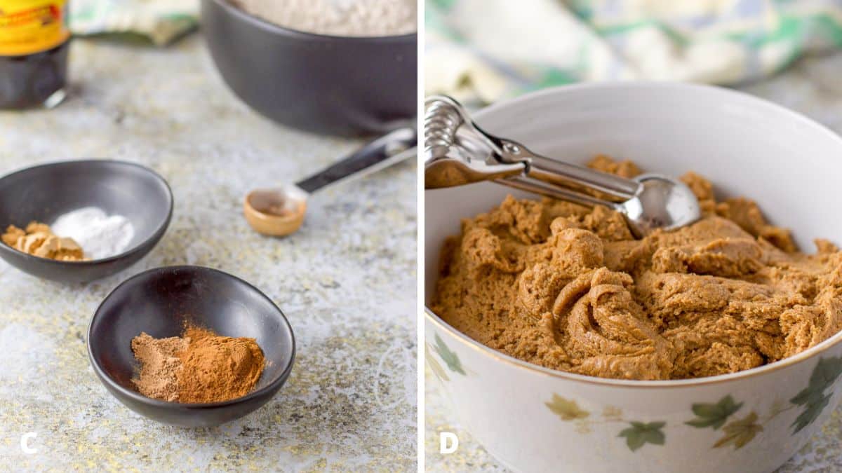 Ginger cookies dough in a bowl with spices, flour, and molasses