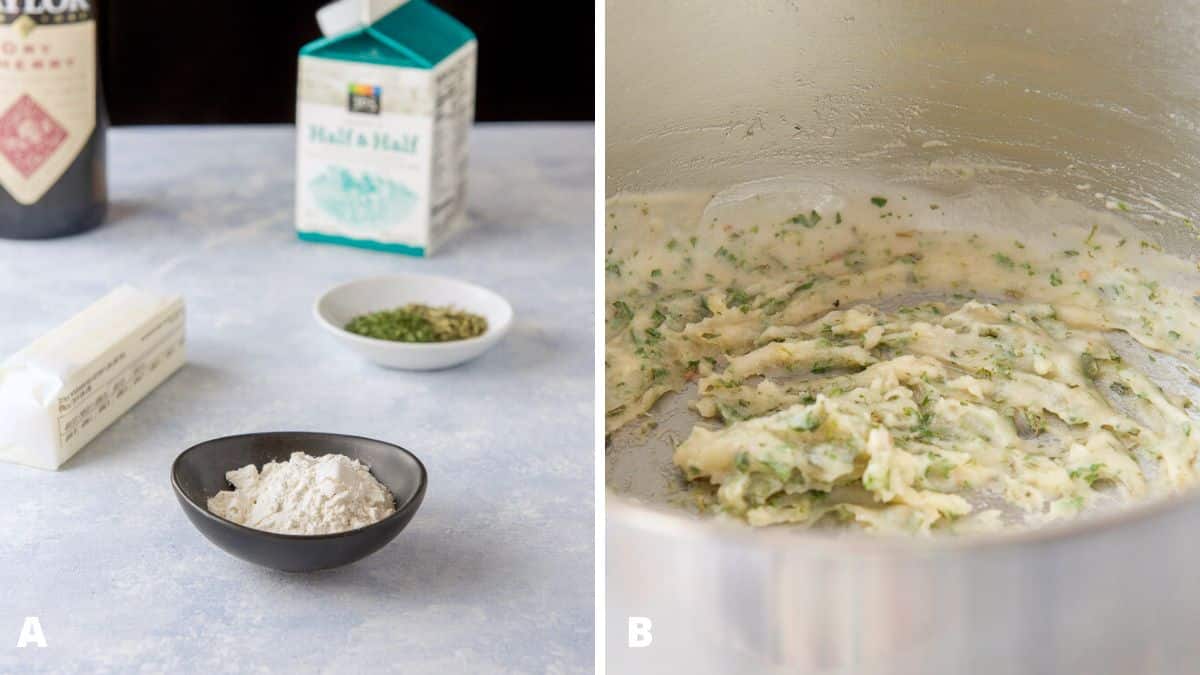 Left - Flour, herbs, spices, butter, half and half and sherry. Right - Flour and butter for the roux in a pan