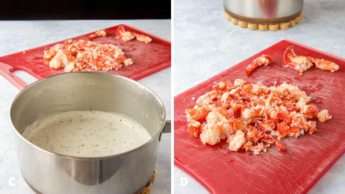 Left - sherry, half and half, and cheddar cheese added to the pan. Right - chopped lobster on a red board