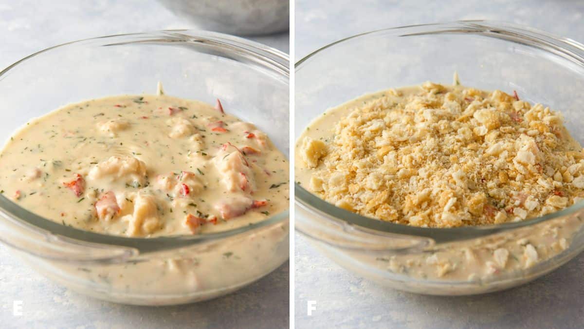 Lobster in sauce, pre-cooked in a dish and another photo with crackers on top