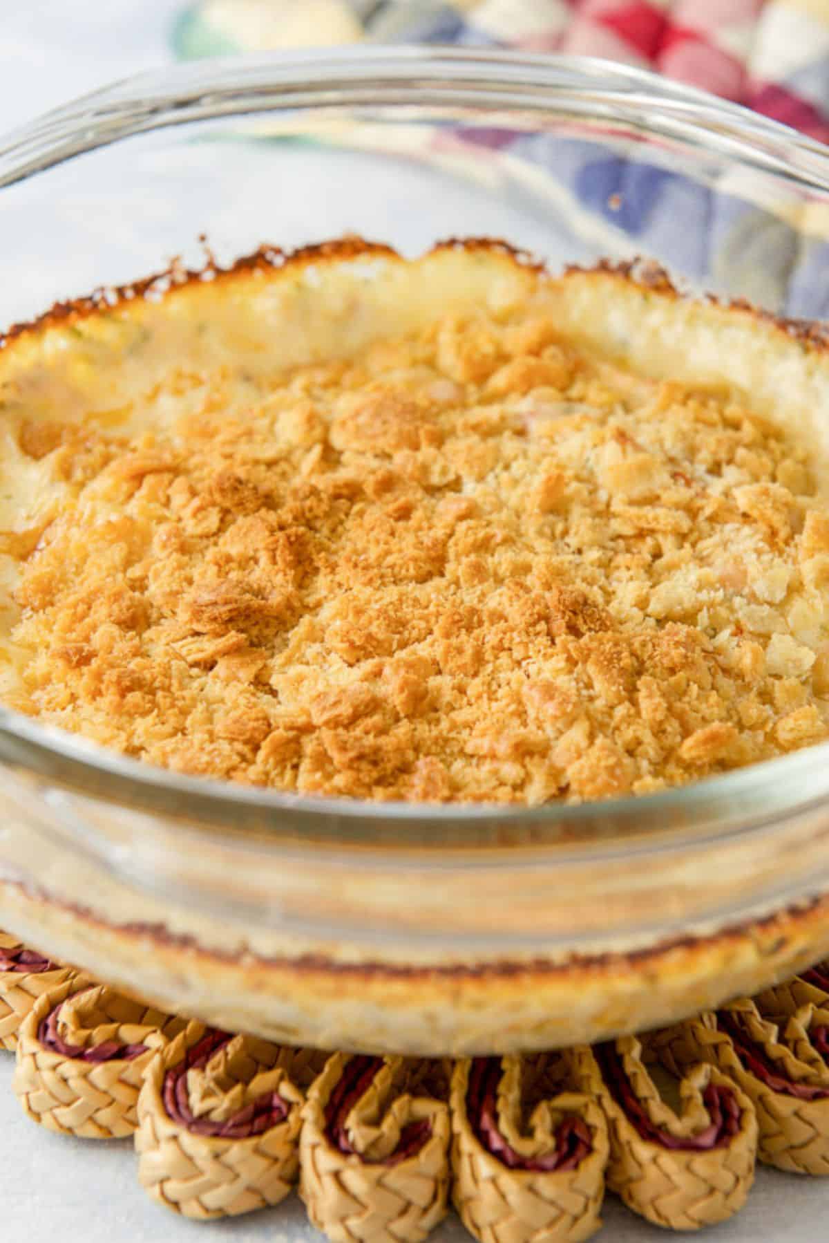 The casserole right out of the oven all crispy with cracker crumbs on top
