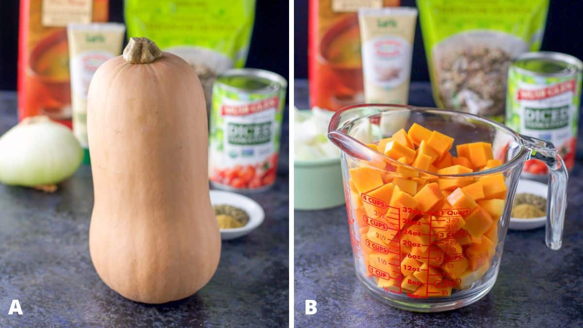 Left - Butternut squash, onion, diced tomatoes, garlic paste, chicken broth and multicolored quinoa. Right - Chopped squash in a measuring cup in front of the rest of the ingredients