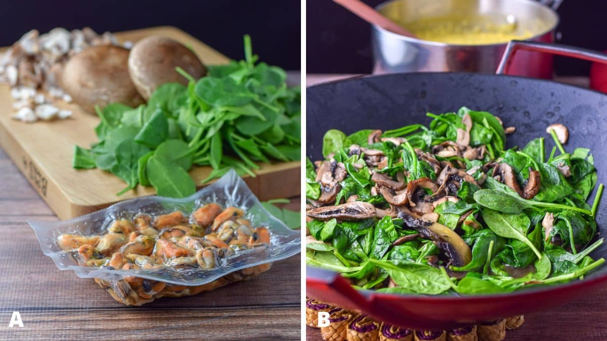 Left - packaged mussels, spinach, and mushrooms on a board. Right - a wok with cooked spinach and mushrooms