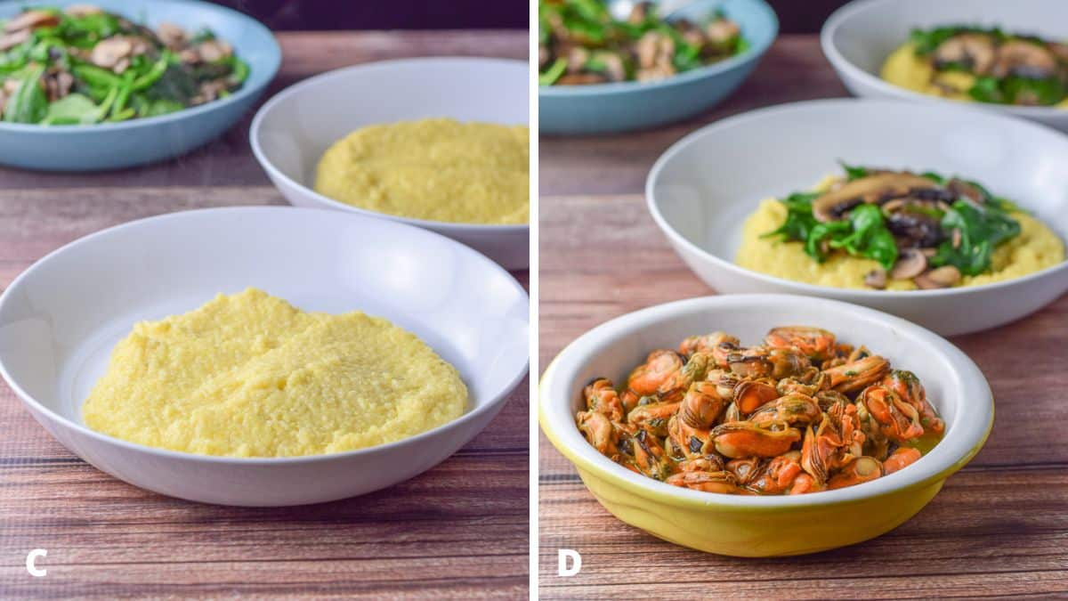 Left - two white bowls with polenta in it along with a bowl of veggies. Right - mussels in a bowl with two bowls of polenta and veggies