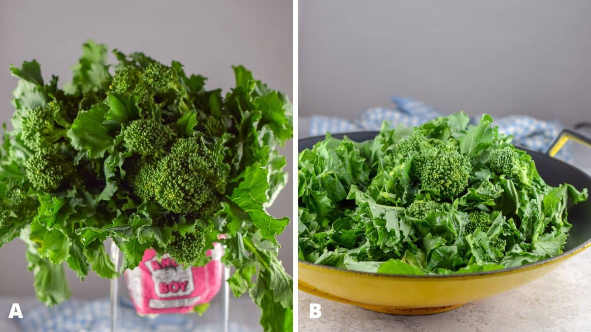 Broccoli rabe in a glass vase and then transferred to a wok all cut up