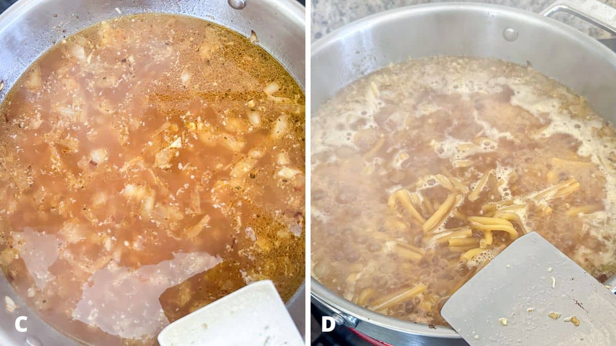 Left - pan of cooked onion and broth. Right - pasta added to the broth and onion