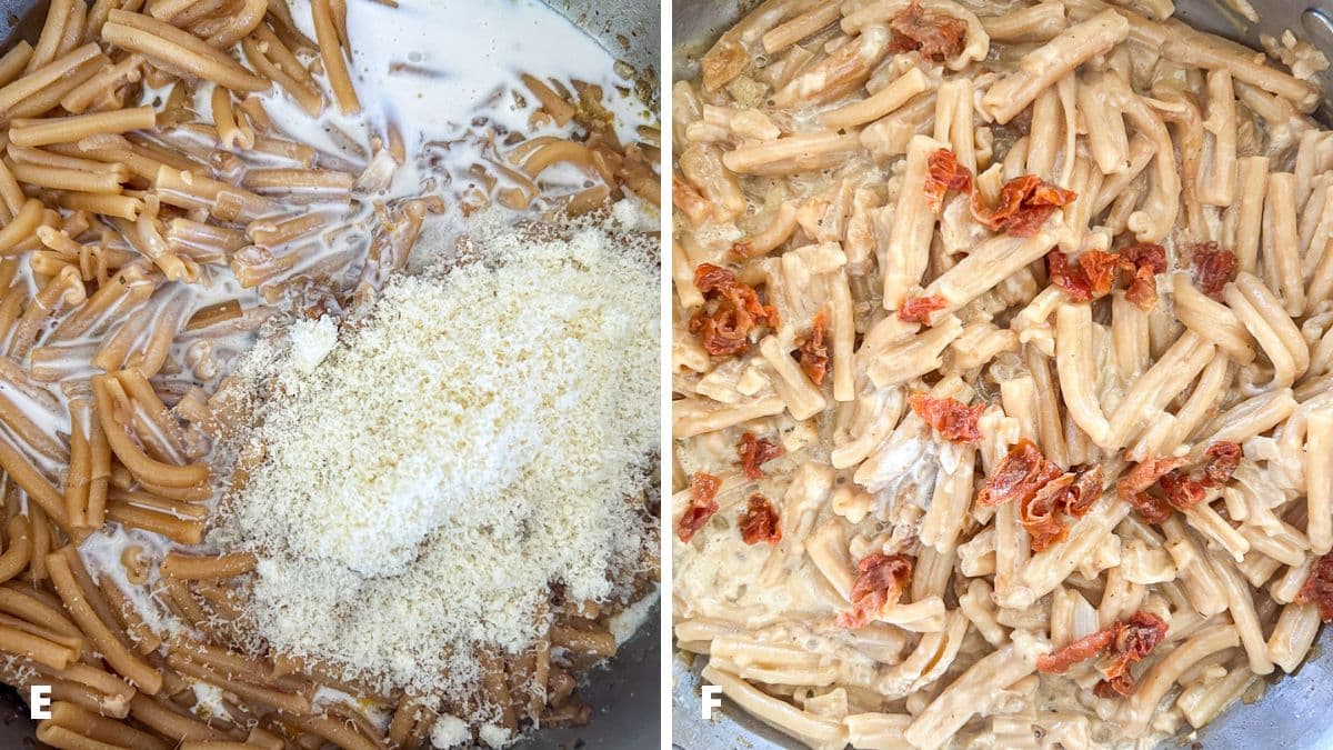 Left, parmesan and cream added to the cooked pasta. Right, the cream and cheese stirred into the pasta and sun-dried tomatoes added on top