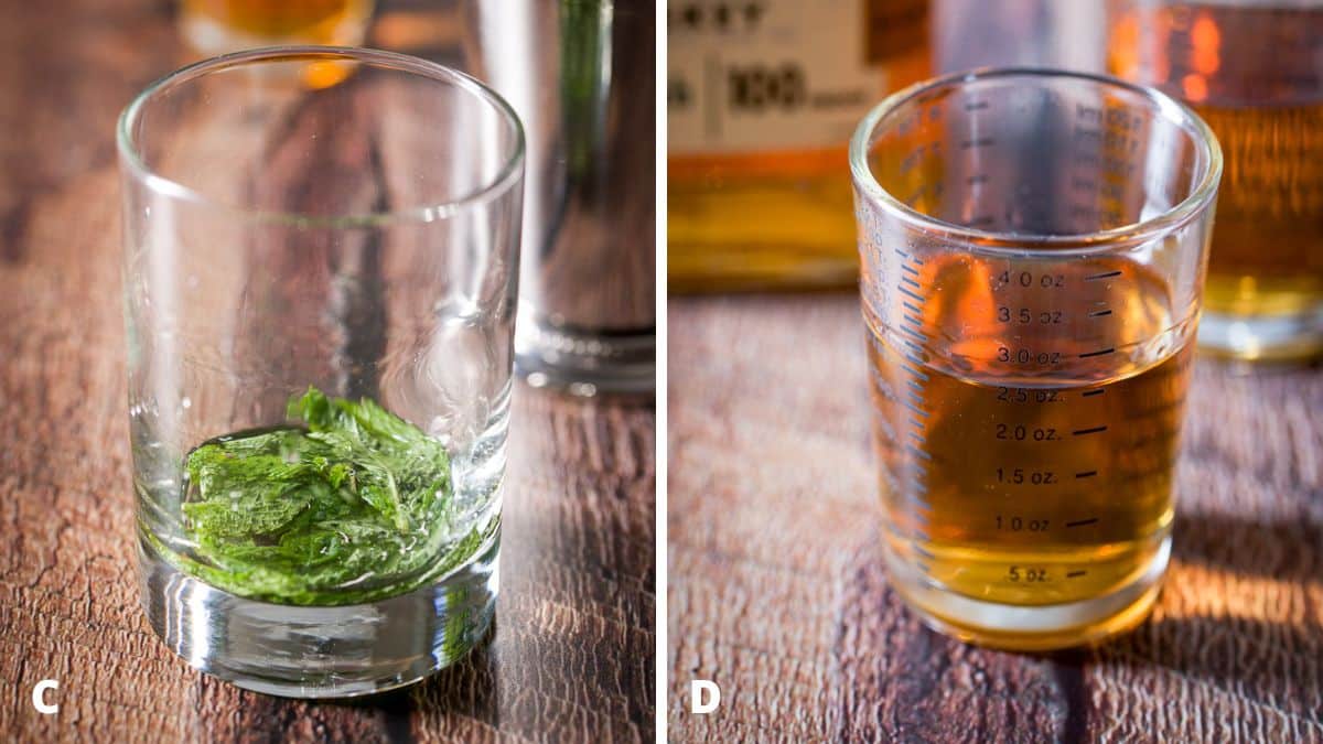 Left - muddled mint and simple syrup in a glass and right - bourbon measured out